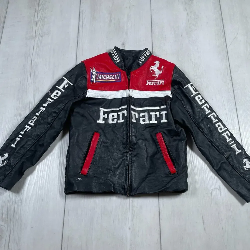 Ferrari Kids Size 4 Racing Leather Jacket Vintage Style Black Red Racing F1